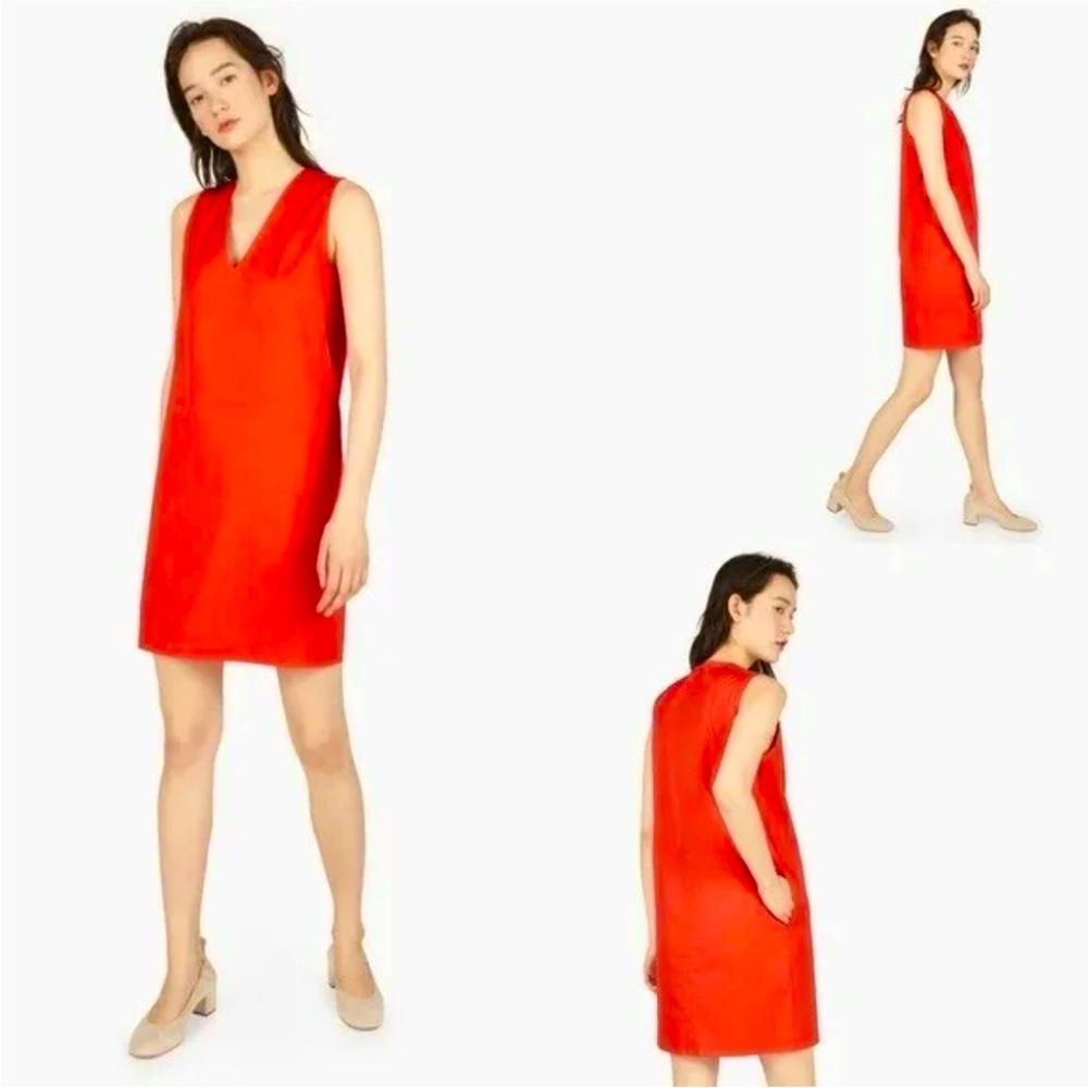 Everlane The Clean Cotton Red Mini V-Neck Cocoon Dress 2 XS